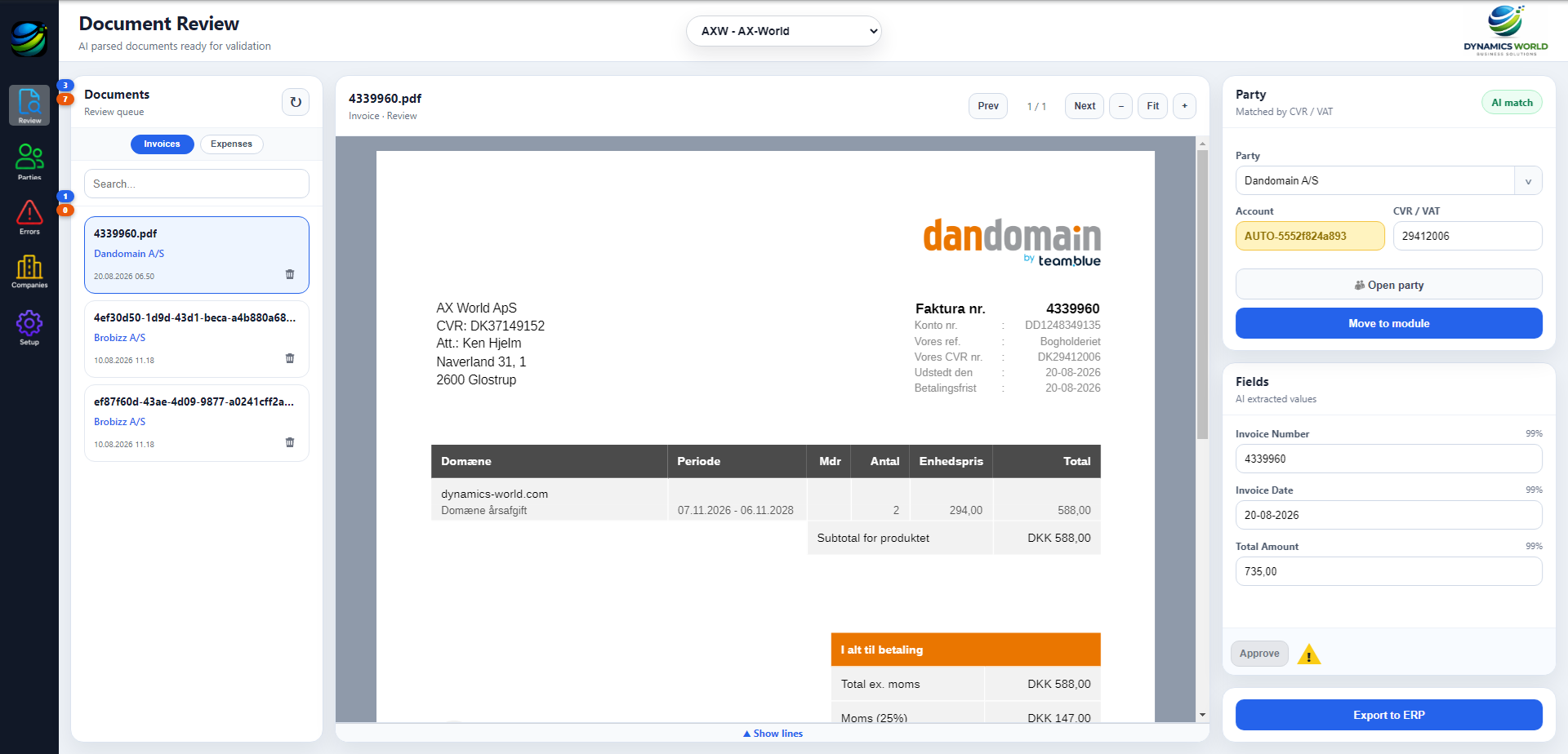 Smart Invoice document review screen showing an invoice and AI extracted values